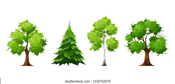 Vector set of deciduous and coniferous trees isolated on a white background.