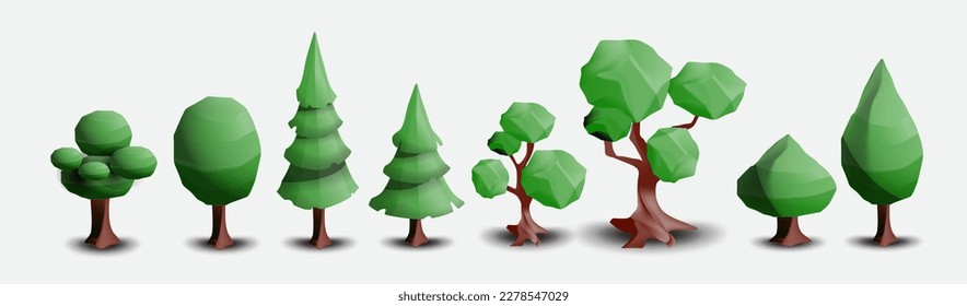 Vector set of deciduous and coniferous trees isolated on a white background. Vector cartoon trees, landscape elements for cartoon 3d environment, game graphics