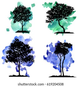 vector set of deciduous trees at watercolor background, hand drawn isolated natural elements