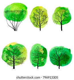 vector set of deciduous trees with watercolor foliage, hand drawn isolated natural elements