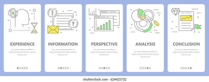 Vector set of decision concept vertical banners. Experience, information, perspective, analysis and conclusion concept elements. Thin line flat design symbols, icons for website menu, print.