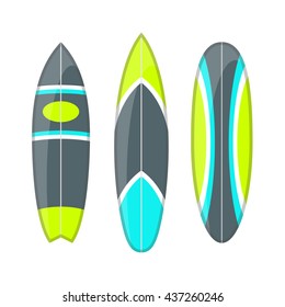 Vector set of decorated colorful surfboards. Different shapes and types isolated on white background. Surfboard prints design collection.