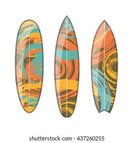 Vector set of decorated colorful surfboards. Different shapes and types isolated on white background. Surfboard prints design collection.