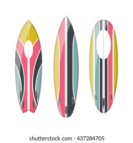 Vector set of decorated colorful surfboards. Different shapes and types isolated on white background. Surfboard prints design collection.