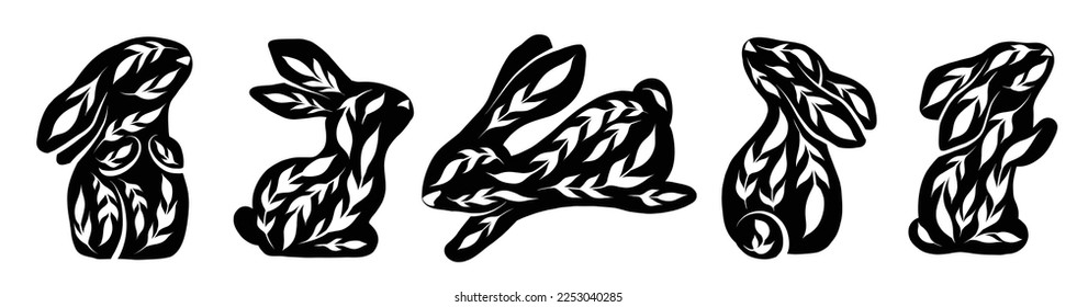 Vektorset von dekorierten monochromen Kaninchen in verschiedenen Posen. Schwarze Hasen mit volkstümlicher Kunst einzeln auf dem Hintergrund. Ziertiere für Logos, Symbole und Karten