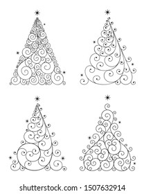 Vector set of decorated, outline, abstract, isolated Christmas trees in black color, on white background. 