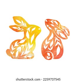 Vector set of decorated rabbits in various poses with yellow watercolor background. Hares with folk art and paint stains isolated from background. Ornamental animals for logos, icons and cards