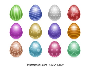 Vector set of decorated realistic chiken eggs isolated on white background with different patterns. Perfect Easter holiday template.Three-dimensional illustration. Eps 10.