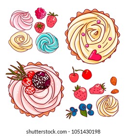 Vector set with decorated sweet cupcakes. Top view.
