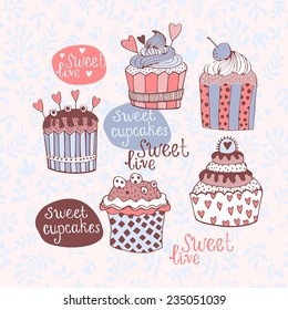 Vector set with decorated sweet cupcakes 