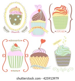 Vector set with decorated sweet cupcakes

