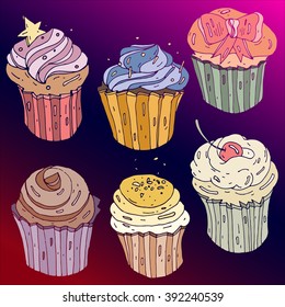 Vector set with decorated sweet cupcakes.Isolated on gradient red and pink  background.