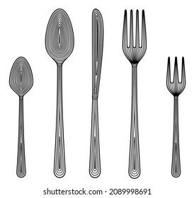 Vector set of decorated, textured cutlery in zentangle style, isolated, on white background
