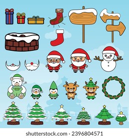 Vector ambientado para decorar trabajos gráficos durante la temporada navideña, incluyendo árboles de Navidad, Santa, ciervo, cajas de regalo, carteles de un lindo estilo infantil.
