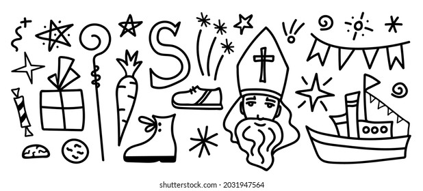 Vector set for decoration St. Nicholas Day, traditional Belgian, Dutch holiday. Sinterklaas, miter, shoes, carrot, candy, gift, cookies.