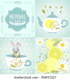 Vector set for decoration of tea. Cute bunny in a cup. A bouquet of chamomiles. Herbal tea with chamomile and lemon. Tea kettle with chamomile and lemon.