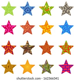 Vector set of decorations for pentagonal five point stars. Colored decoration elements for your design.