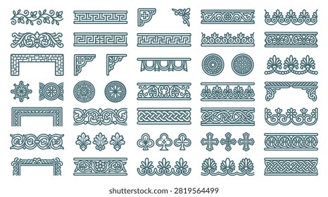 Vector set of decorative architectural ornaments and vintage border elements featuring Greek key patterns, floral scrolls, Celtic knots, rosettes, and classic molding line art.