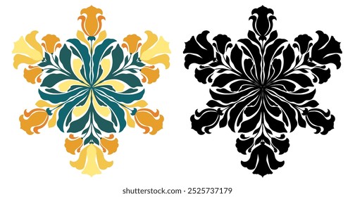 Conjunto vetorial de mandalas art nouveau decorativas com íris e freesias. Círculo clip-art com flores coloridas e monocromáticas florescendo isoladas do fundo. Ilustração floral para cartões