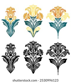 Conjunto de Vector de iris y freesias art nouveau decorativos. Colección de artes de Clip de flores ornamentales coloridas y monocromáticas en flor aisladas de fondo. Ilustración floral para tarjetas, pegatinas