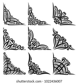 Vector set of decorative black Corners on white for creating frames, ornate decoration with flourishes, 9 vintage corners with curls and dots for borders, ornament with detail indian design elements.