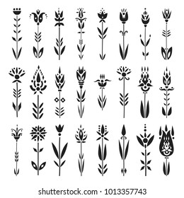 Vector set of decorative black flowers in ethnic style.