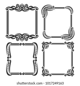 Vector set of decorative black frames on white, simple decoration with flourishes for wedding invitation, 4 square vintage borders with curls and dots, ornament with minimal victorian design elements