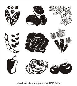 vector set with decorative black  vegetables silhouettes on white background