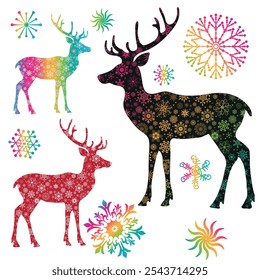 Vector set of decorative Christmas rainbow snowflakes and deer on transparent background
