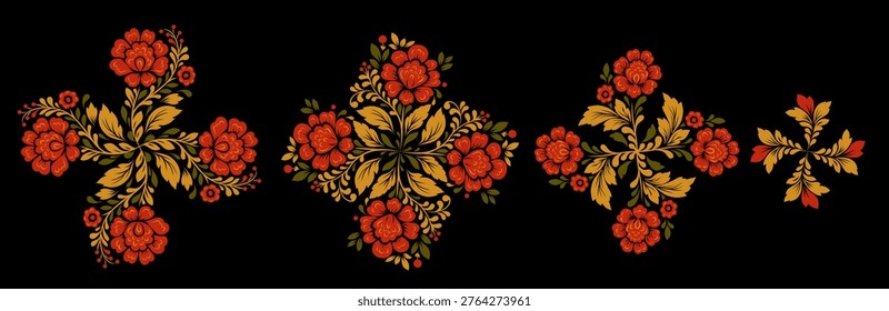 Vector set of decorative circular floral clip arts. Collection of Slavic tracery mandala of red flowers for invitation, postcard and digital crafting