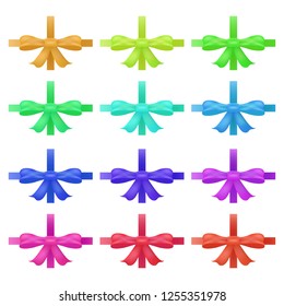Vector set of decorative colorful bows with horizontal/vertical ribbons for holiday gift decoration isolated on white