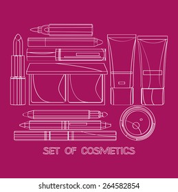 vector set of decorative cosmetics lipstick, powder, pencil, eye shadow, mascara several tubes of foundation and lip gloss