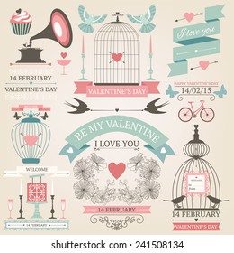 Vector set of decorative design elements for valentine's day. Vintage valentine's day collection with frames, borders, icons, banners.