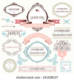 Vector set of decorative design elements for valentine's day. Vintage valentine's day collection with frames, borders, icons, banners.