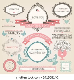 Vector set of decorative design elements for valentine's day. Vintage valentine's day collection with frames, borders, icons, banners.