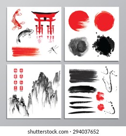 Vector set with decorative design elements, brushes and watercolor backgrounds in sumi-e style. 