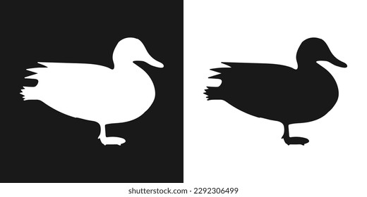Vector set of decorative, detailed, isolated wild duck in black on white background