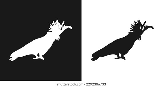 Vector set of decorative, detailed, isolated, sitting cockatoo parrots in black on white background