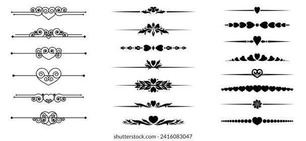Vector set of decorative dividers with hearts. Text separators. Page decors in black. Design elements for invitations and holiday cards. Ornaments for Valentine's Day or wedding invitations.