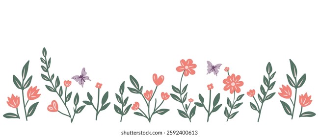 Vector set of decorative  doodles spring flowers and butterflies for your design, fabric, wrapping, textile and wallpaper