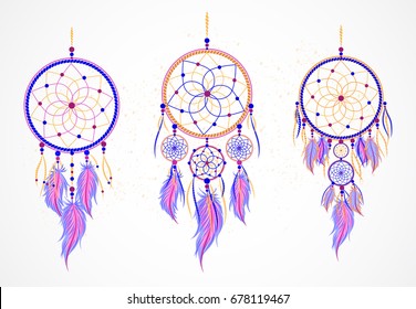 Vector set of decorative dreamcatcher with feathers  grunge background. Magic symbol in violet, blue and yellow color. For t-shirts  and other your design. Please see other sets of dreamcatcher.