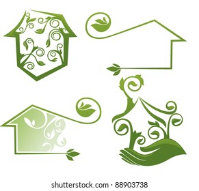 vector set of decorative ecological homes, signs and icons