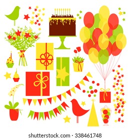 Vector set of decorative elements birthday party. Flowers, gifts, cake, cupcakes, garlands, balloons.Vector illustration
