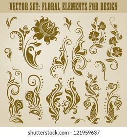 Vector set of decorative elements for design. Floral vintage collection.