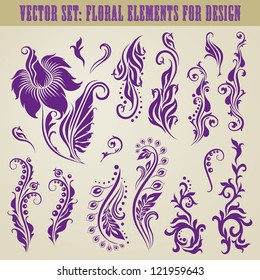 Vector set of decorative elements for design. Floral vintage collection.