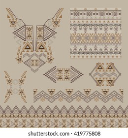 Vector set of decorative elements for design and fashion in ethnic tribal style. Neckline, borders, patterns and seamless texture. Aztec ornaments