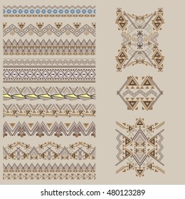 Vector set of decorative elements for design and fashion in ethnic tribal style. Borders and patterns collection. Aztec ornaments