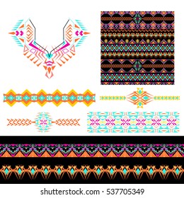 Vector set of decorative elements for design and fashion in ethnic tribal style. Neckline, seamless, borders and patterns. Collection of pattern brushes inside. Aztec ornaments