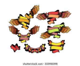 vector set of decorative elements  of different shape ribbon with wings a white background
