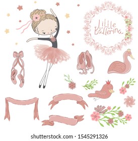 Vector set decorative elements for D.I.Y. with cute little ballerina, bow, ribbons, pointe shoes, swan, bird, branch and flowers.  Vector graphic illustration isolated on white.